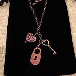 Antique copper finish heart lock & key charm necklace with toggle heart closure
